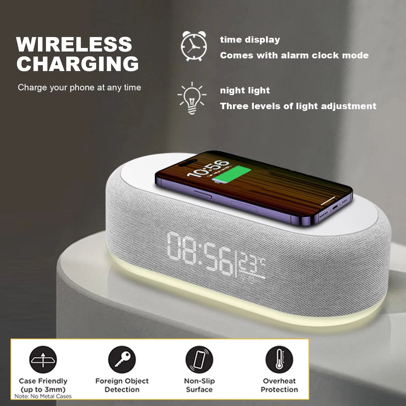 Fast Wireless Charger Alarm Clock Time  with LED Light